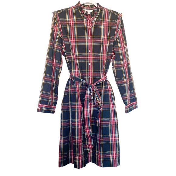 J. Crew Factory Ruffle Neck Shirt Dress Stewart Plaid Size 14 Holiday Christmas - Picture 5 of 13